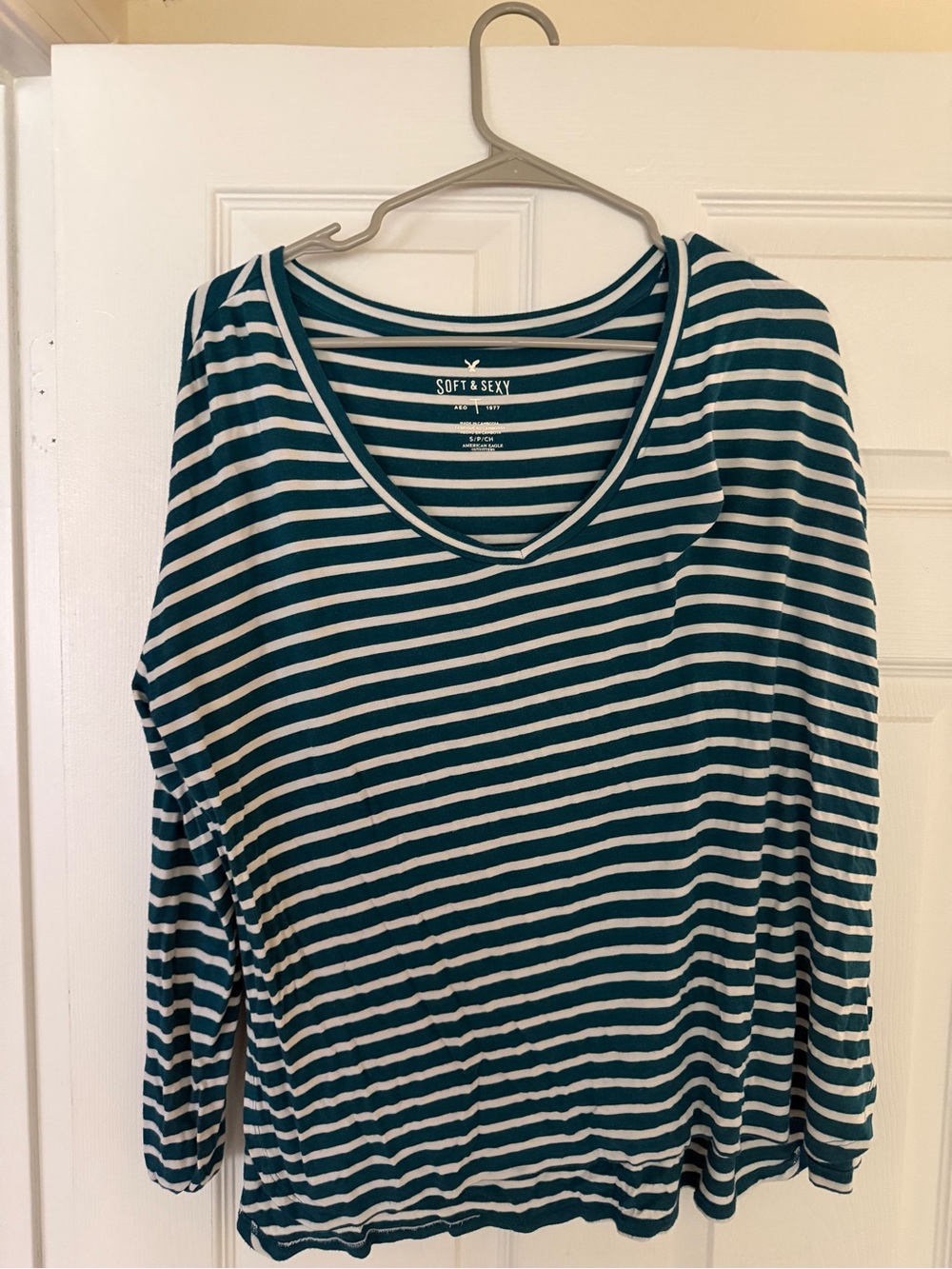 American Eagle Outfitters Teal and White Striped V-Neck Long Sleeve Tee